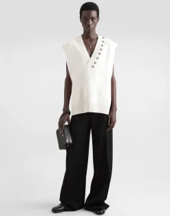Wool V-neck vest with bejeweled buttons and DG embroidery