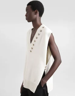 Wool V-neck vest with bejeweled buttons and DG embroidery