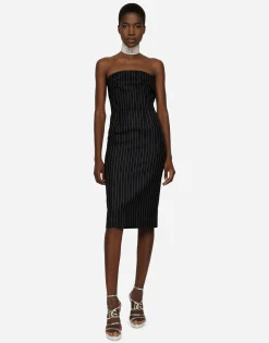 Woolen fabric pinstripe midi dress