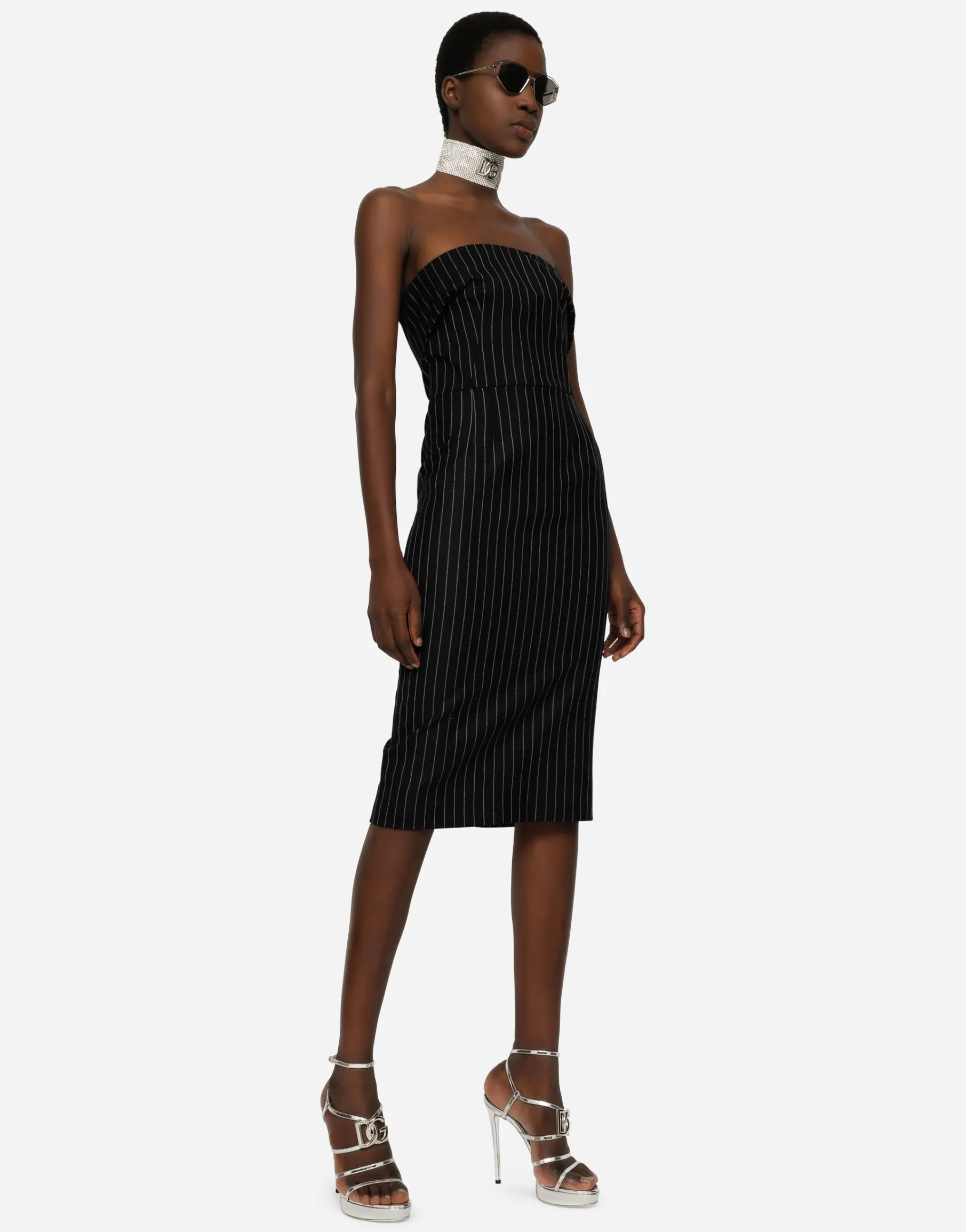 Woolen fabric pinstripe midi dress
