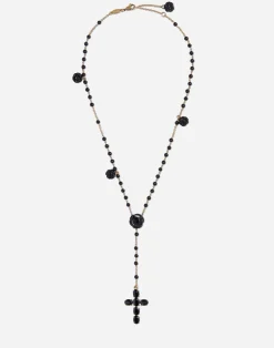 Yellow gold Devotion rosary necklace with black oval sapphires
