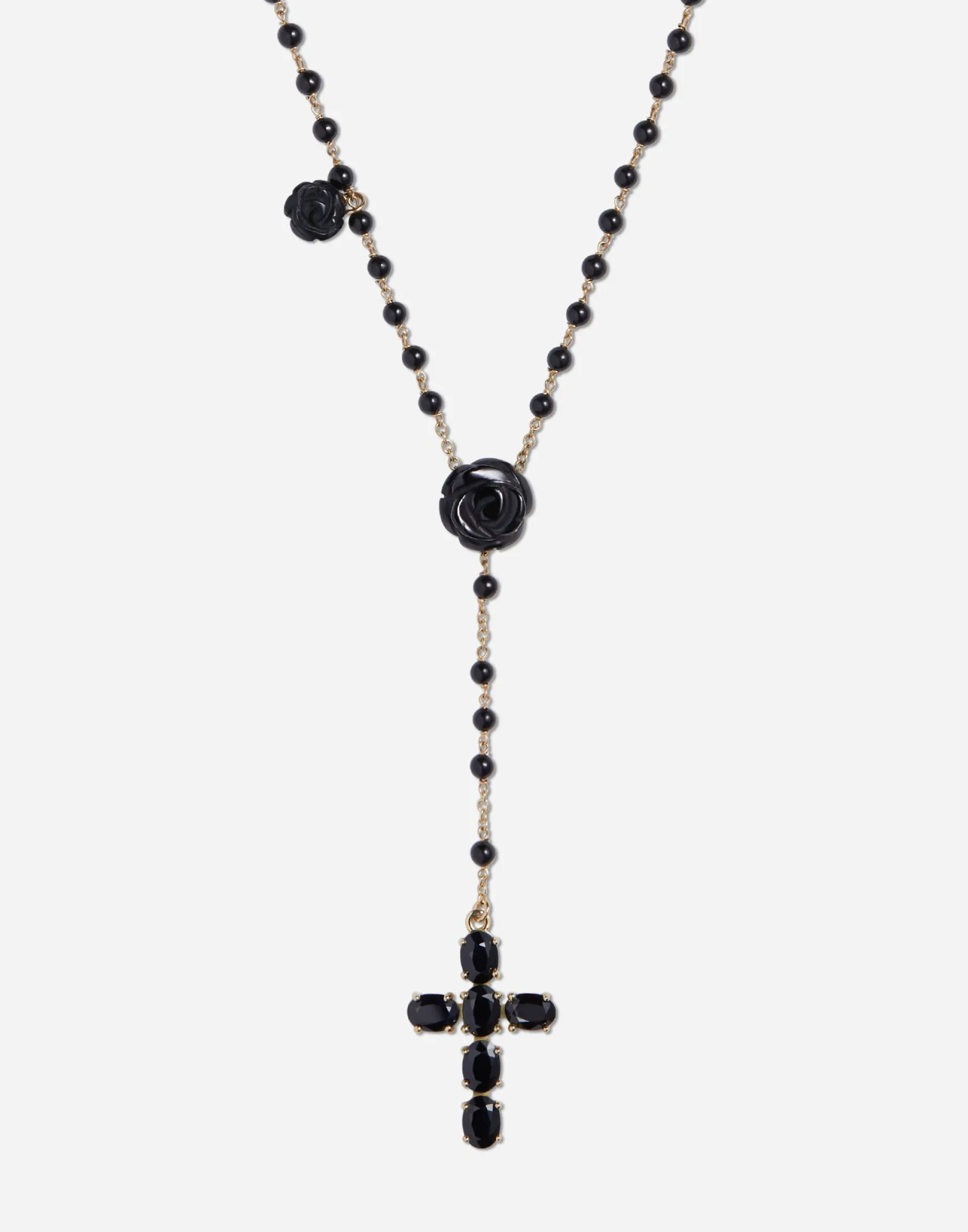 Yellow gold Devotion rosary necklace with black oval sapphires