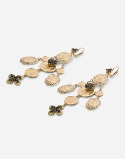 Yellow gold Sicily earrings with medals and cross pendants
