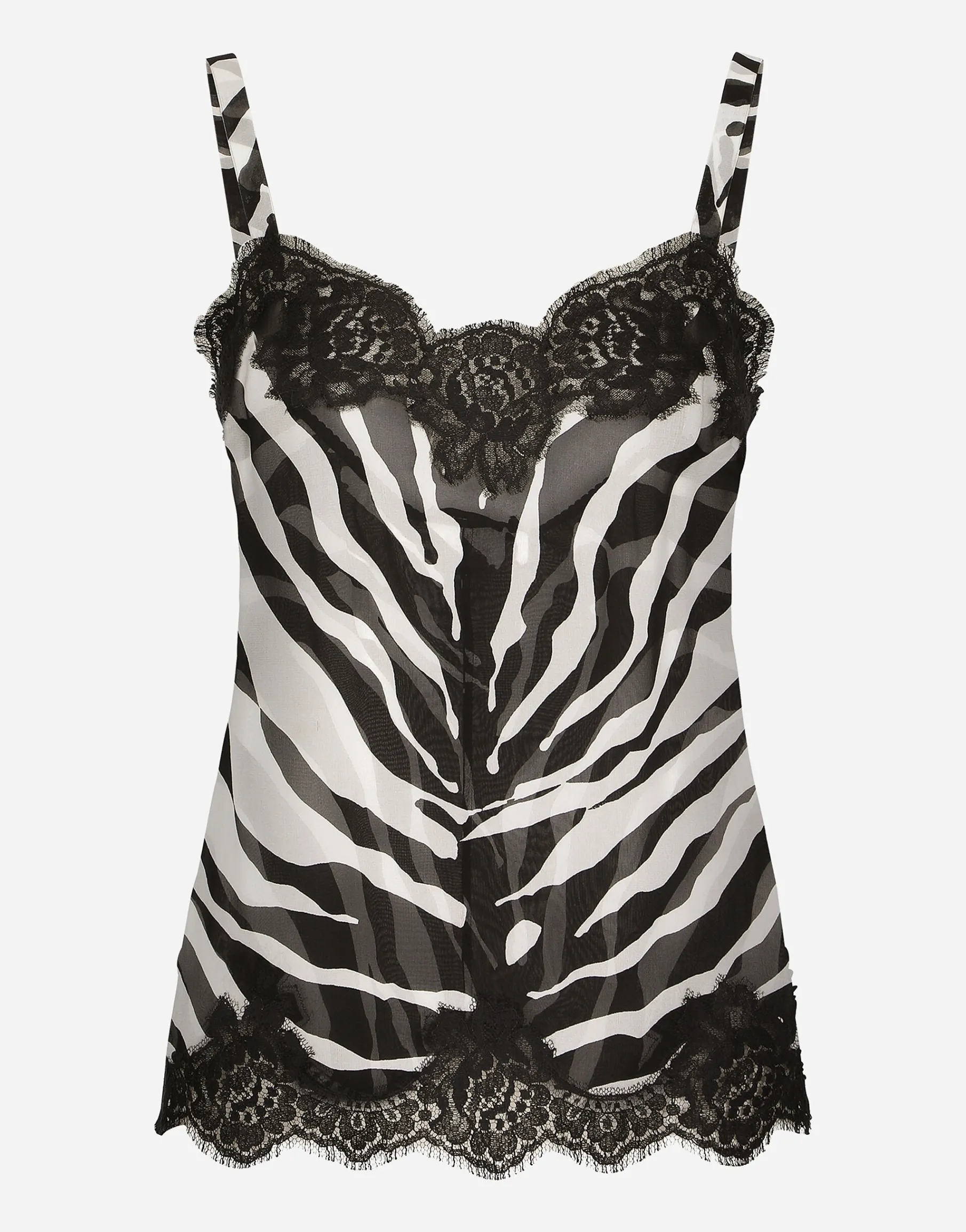Zebra-print chiffon lingerie-style top with lace detailing