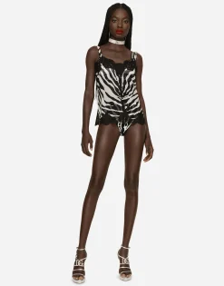 Zebra-print chiffon lingerie-style top with lace detailing