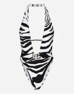 Zebra-print one-piece swimsuit with plunging neckline