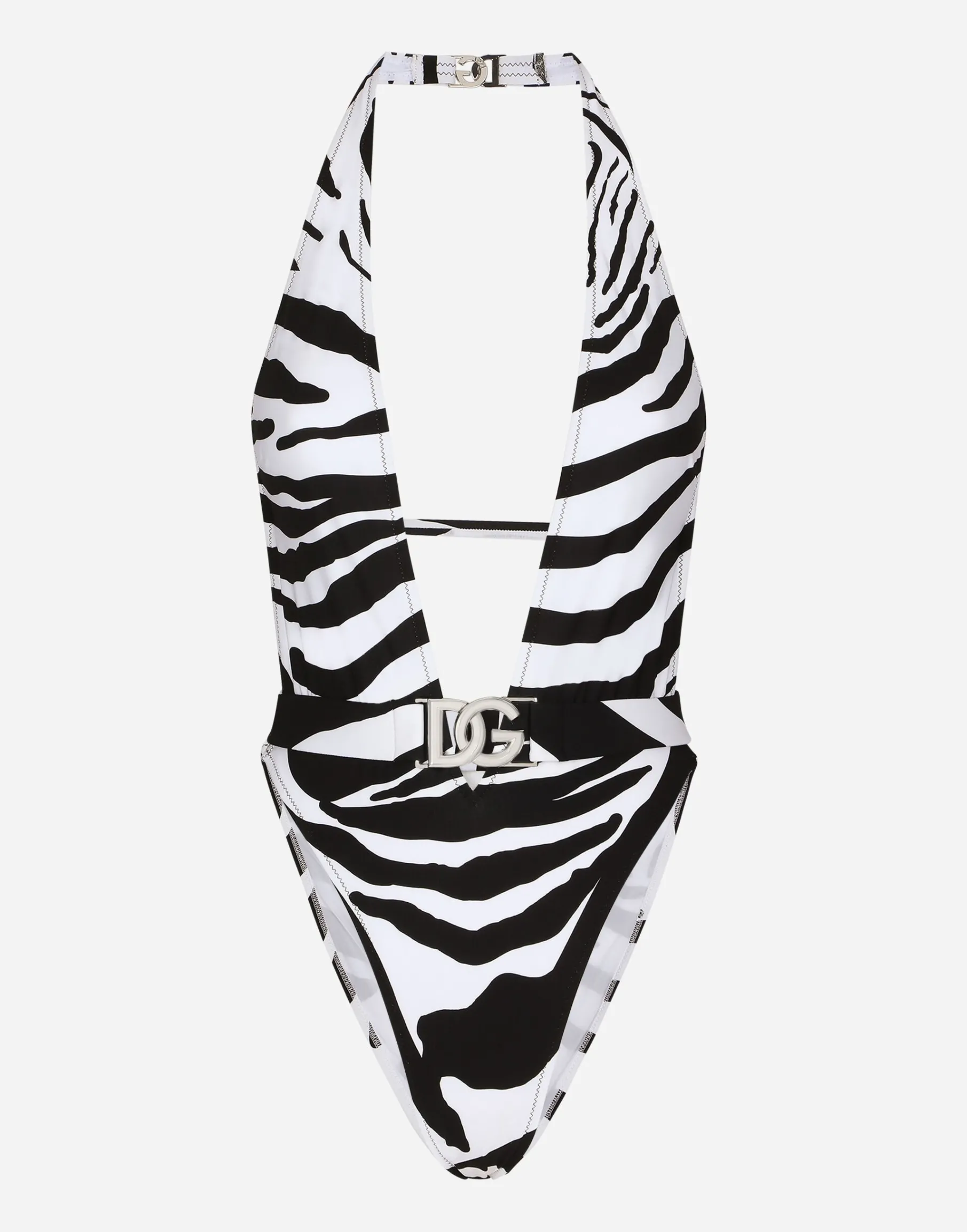 Zebra-print one-piece swimsuit with plunging neckline