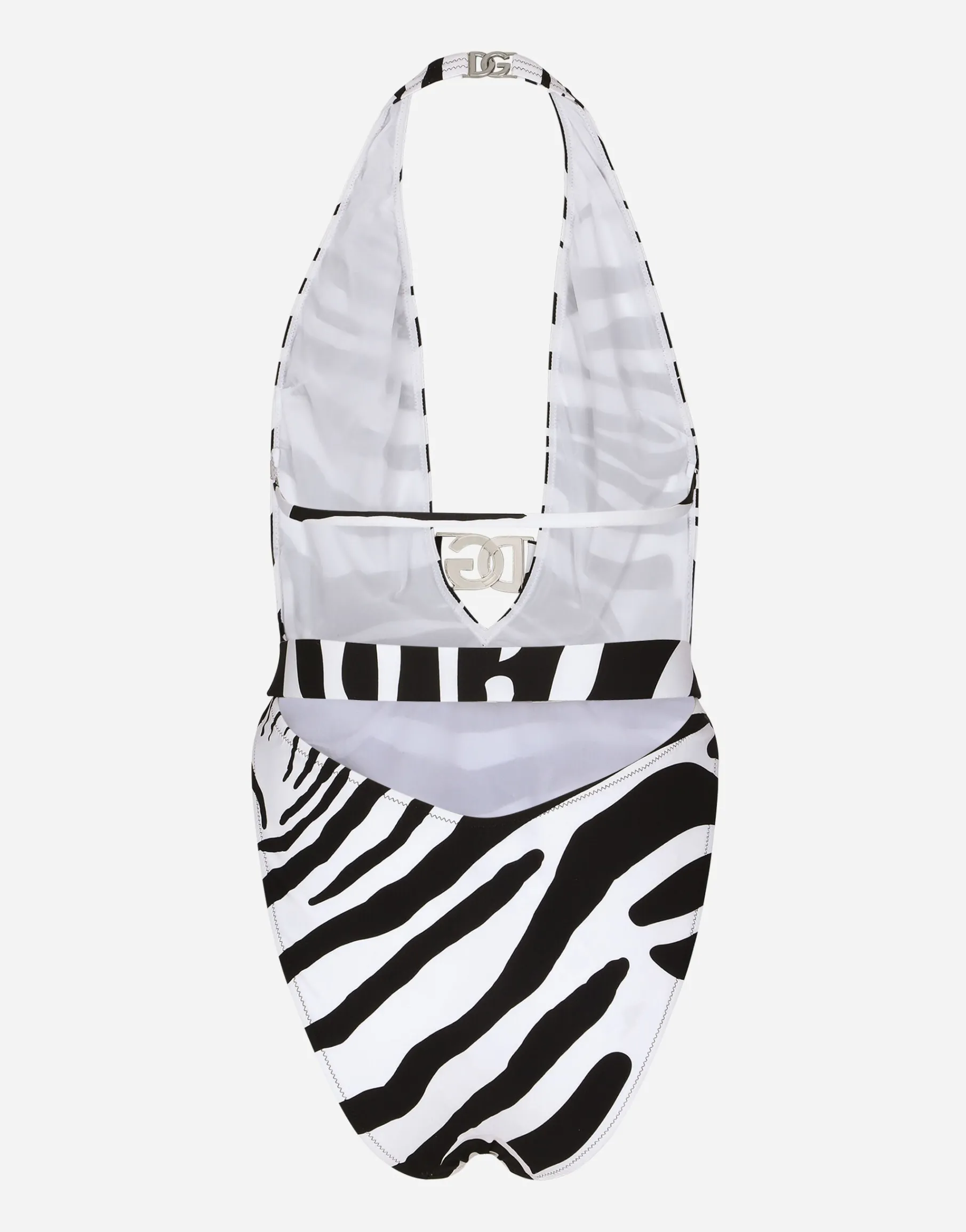 Zebra-print one-piece swimsuit with plunging neckline