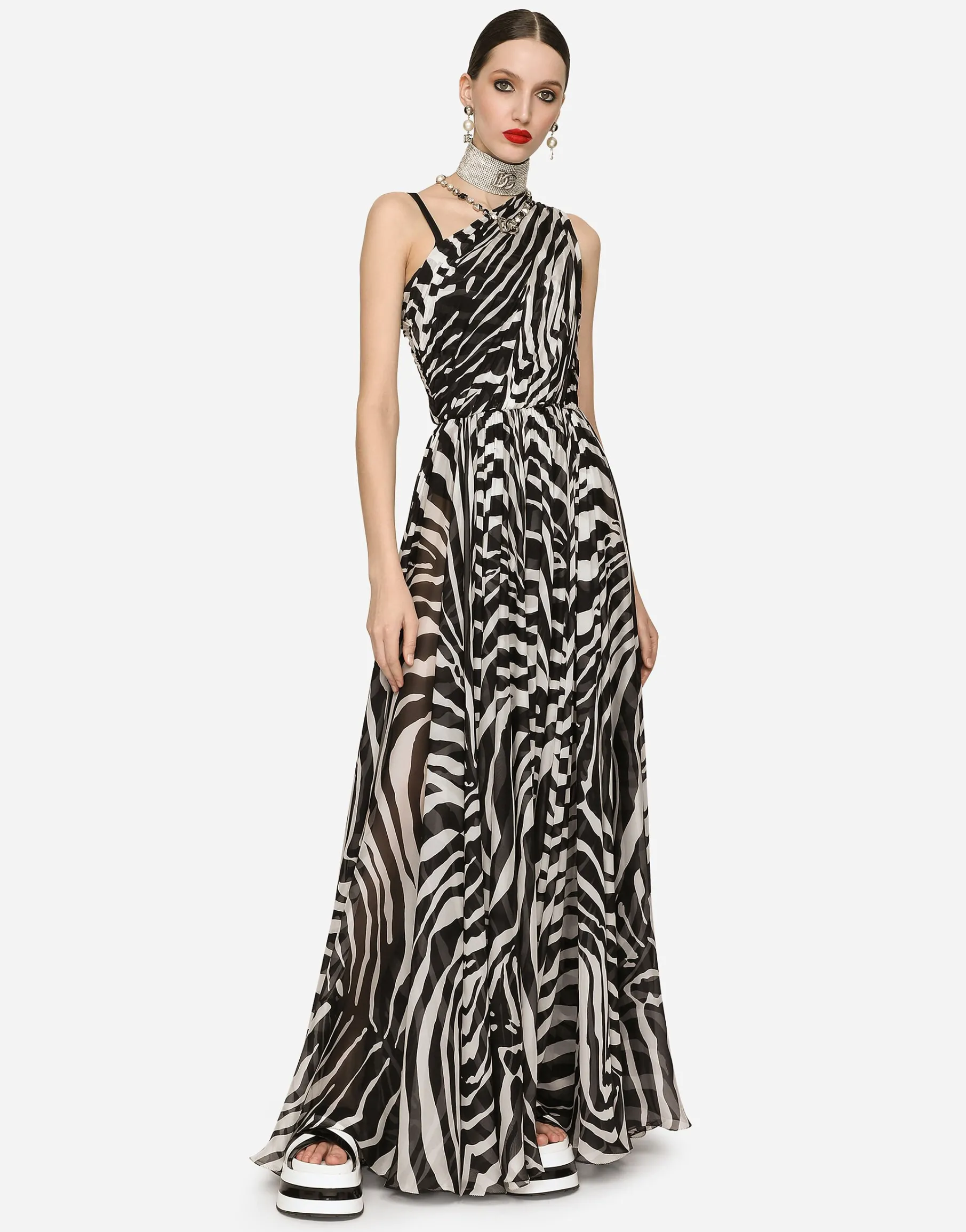Zebra-print one-shoulder chiffon dress