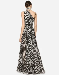 Zebra-print one-shoulder chiffon dress