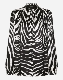 Zebra-print satin pussy-bow shirt