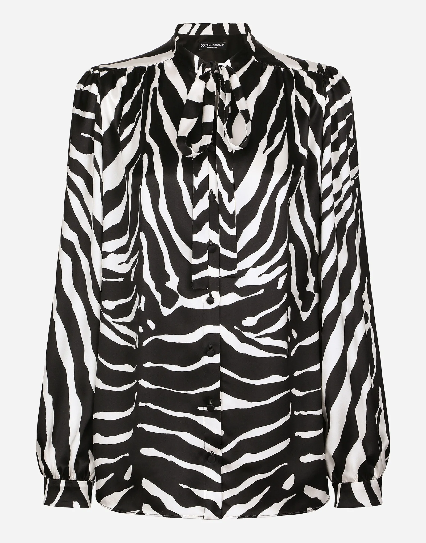 Zebra-print satin pussy-bow shirt