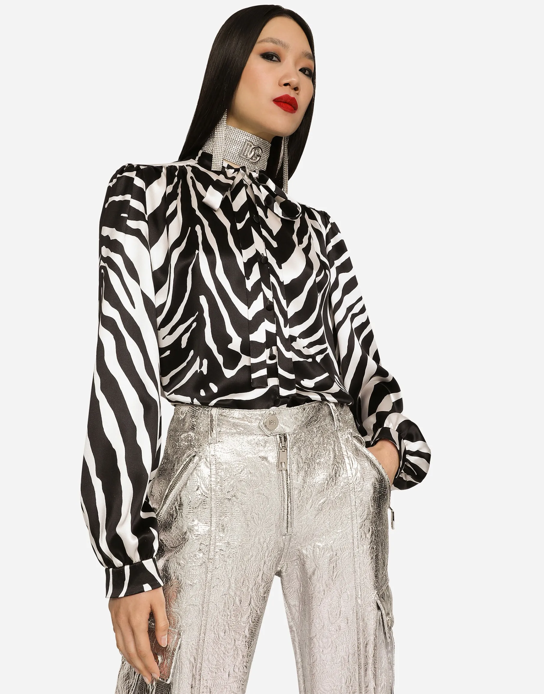 Zebra-print satin pussy-bow shirt
