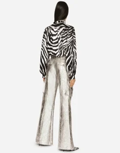 Zebra-print satin pussy-bow shirt