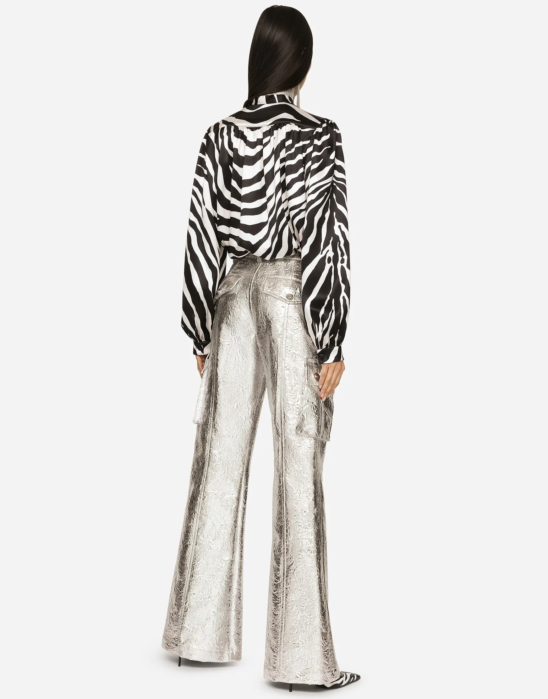 Zebra-print satin pussy-bow shirt