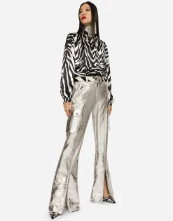 Zebra-print satin pussy-bow shirt
