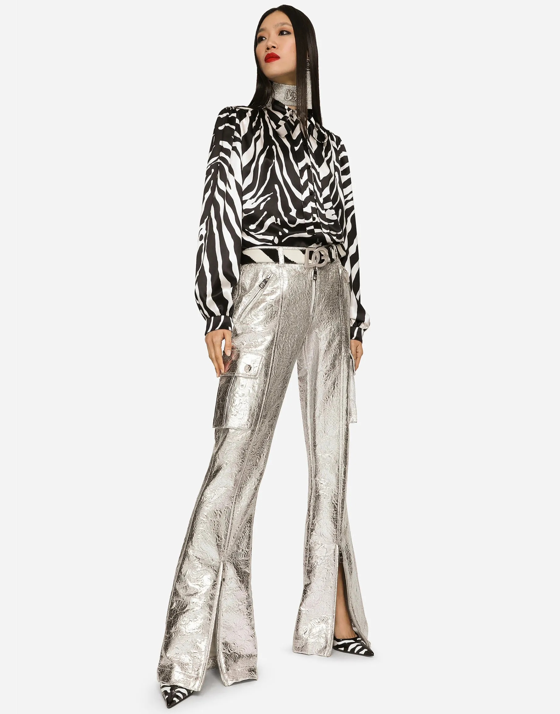 Zebra-print satin pussy-bow shirt