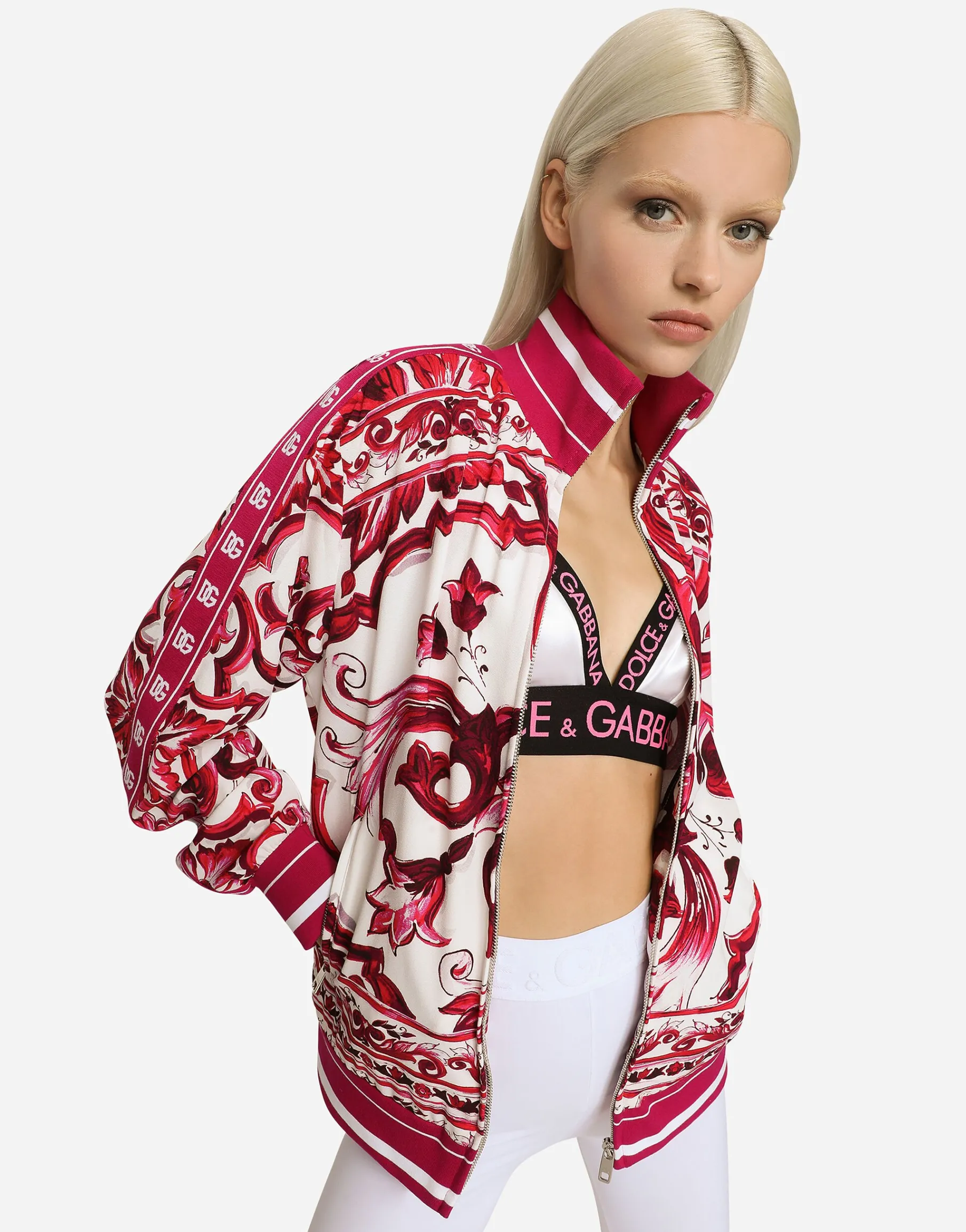 Zip-up cady sweatshirt with Majolica print