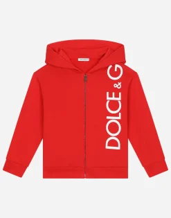 Zip-up jersey hoodie with logo print