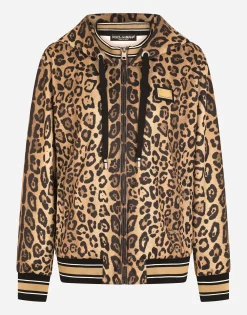 Zip-up jersey hoodie with leopard print