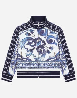 Zip-up jersey sweatshirt with majolica print