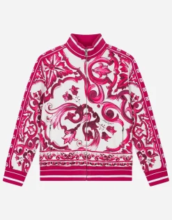 Zip-up jersey sweatshirt with majolica print