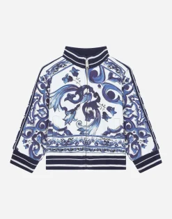 Zip-up jersey sweatshirt with majolica print