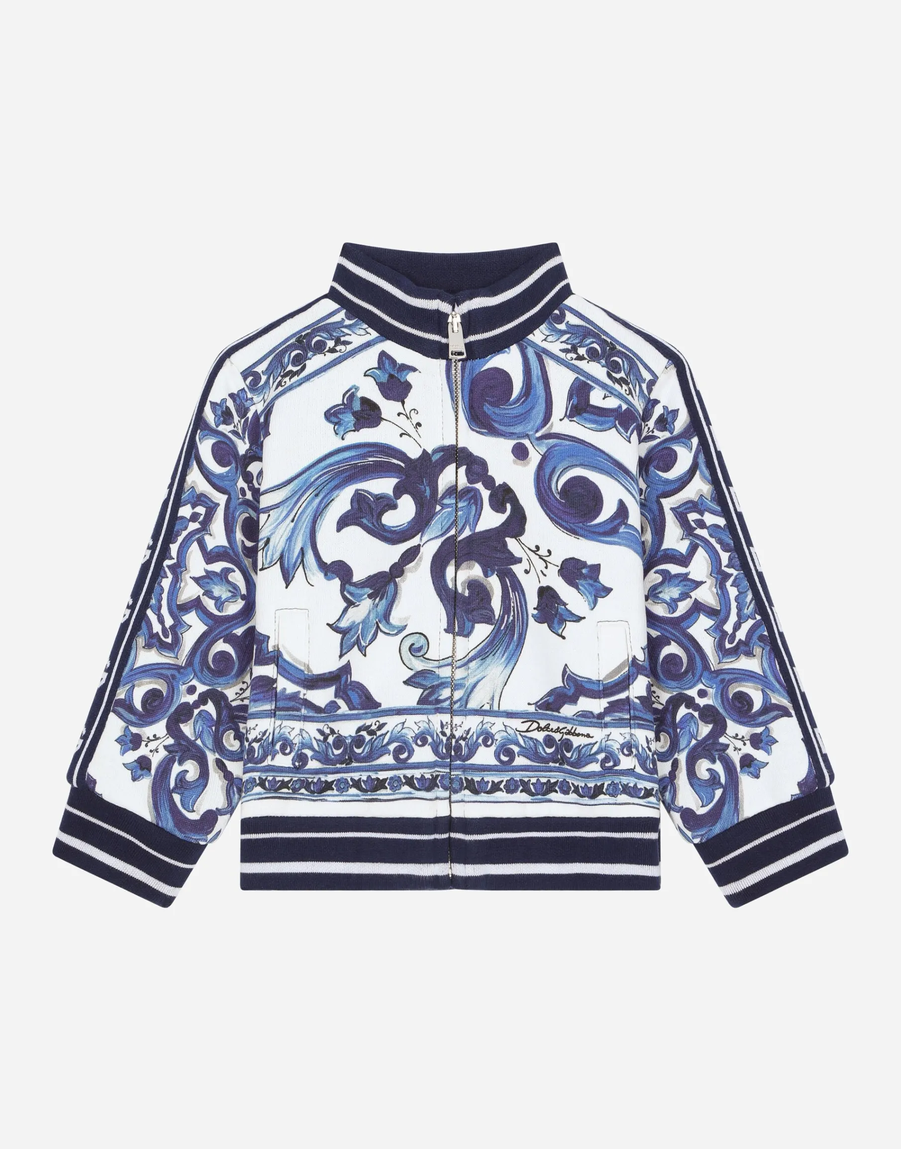 Zip-up jersey sweatshirt with majolica print