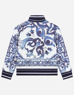 Zip-up jersey sweatshirt with majolica print