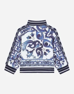Zip-up jersey sweatshirt with majolica print
