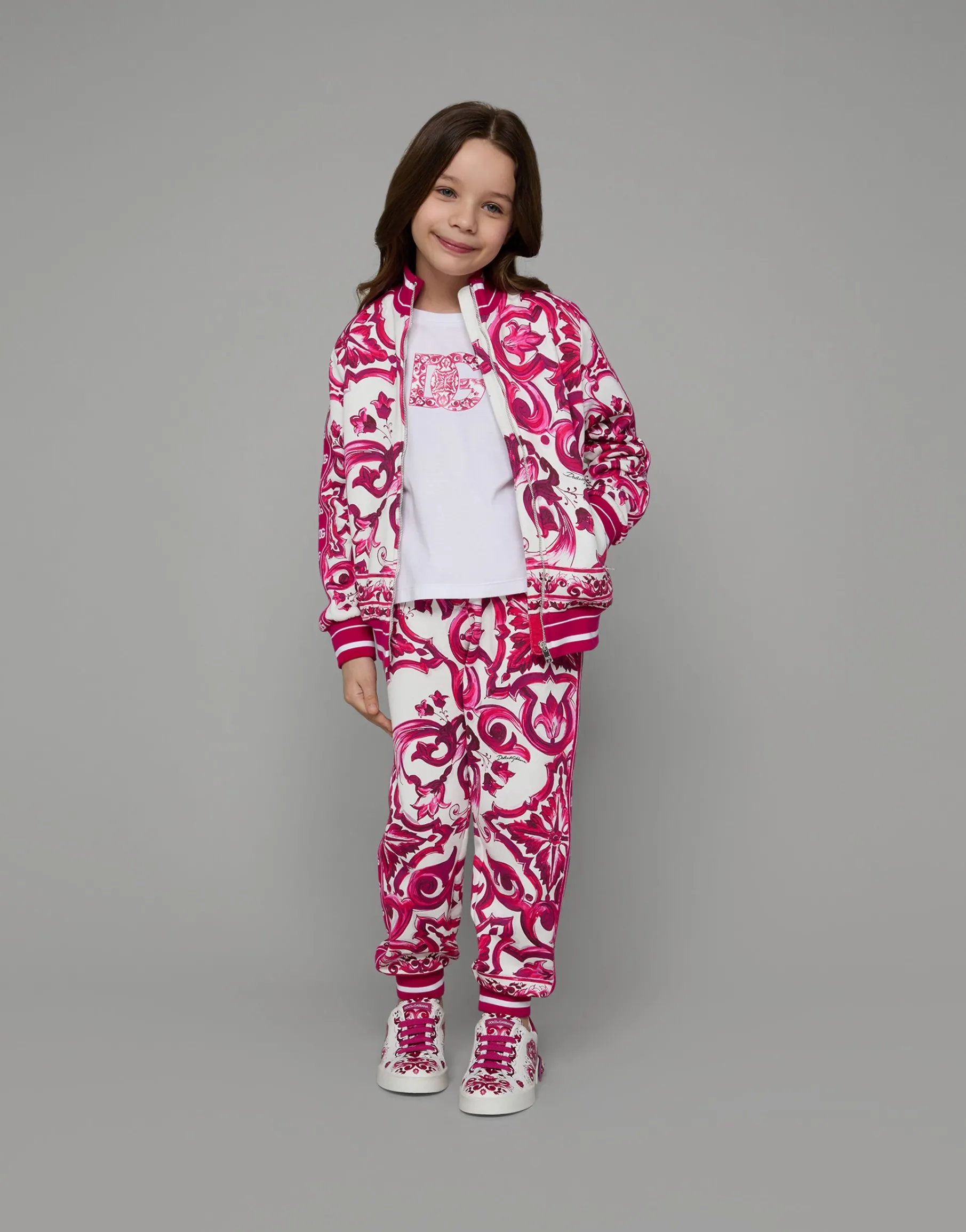 Zip-up jersey sweatshirt with majolica print