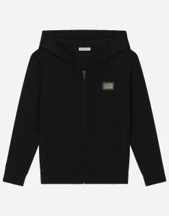 Zip-up plain knit hooded cardigan with logo tag